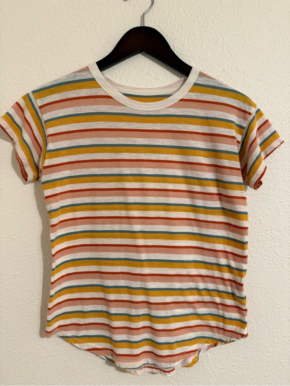 Madewell White Striped Short Sleeve Tee with Rust, Mustard & Teal